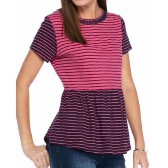 Crown & Ivy Navy Pink Striped Top Petite Medium - Picture 1 of 4
